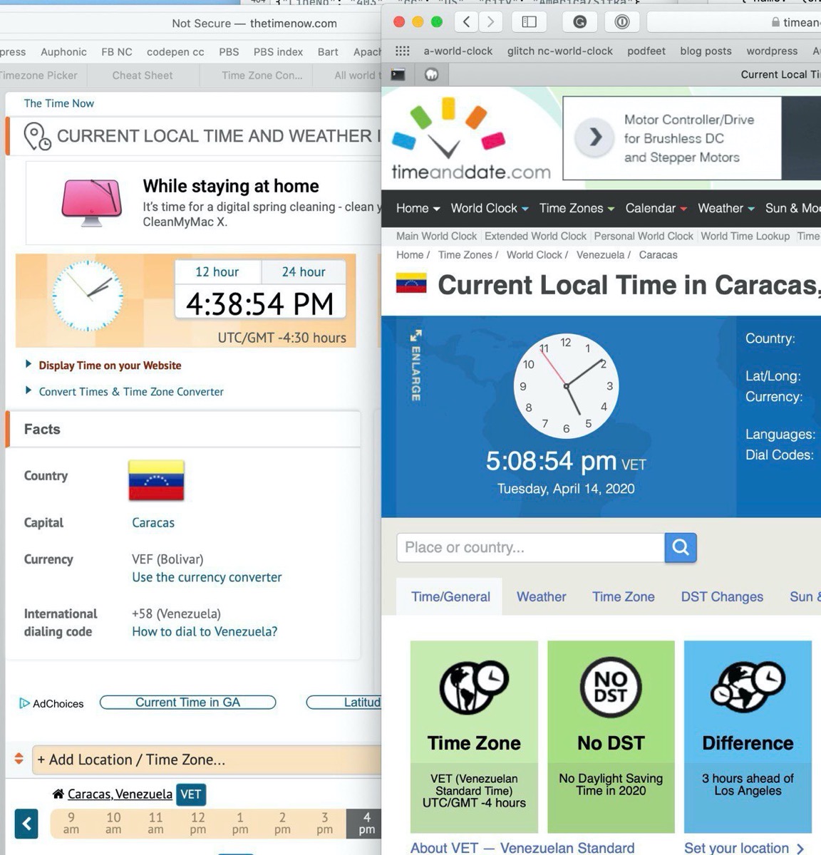 Caracas in different timezones on two different websites