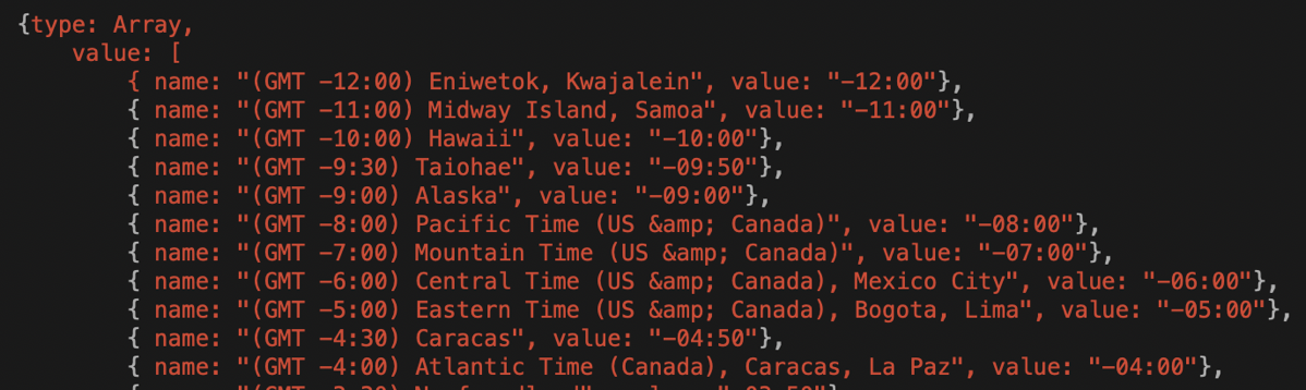 NodeSocket List of Timezones