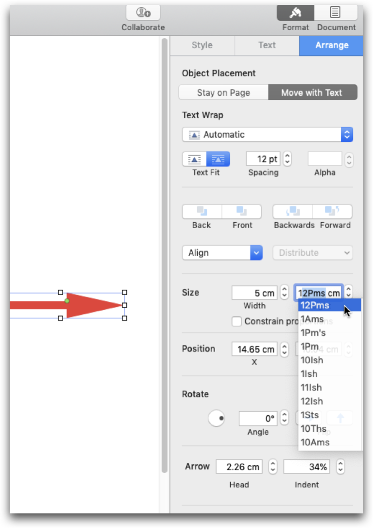 Pages Arrange tab showing dropdown for height