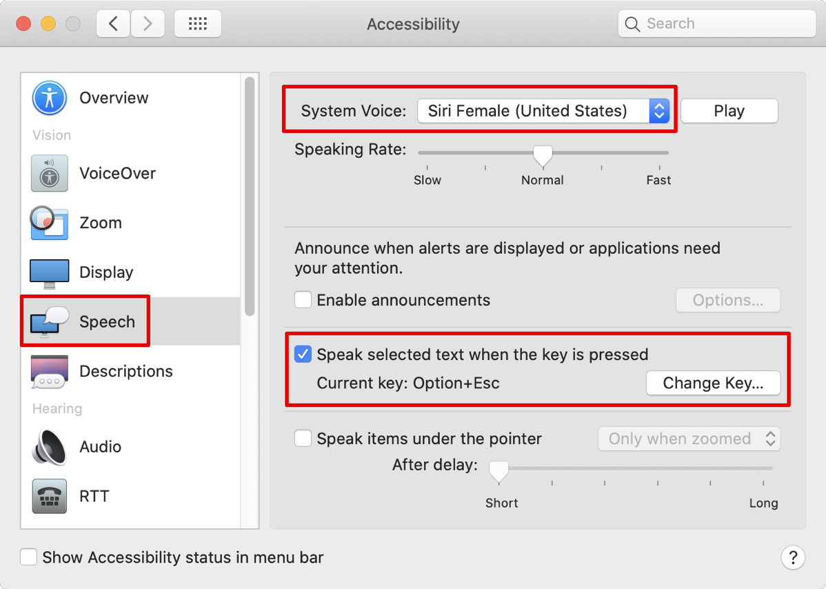 Accessibility Preference Pane Speeech