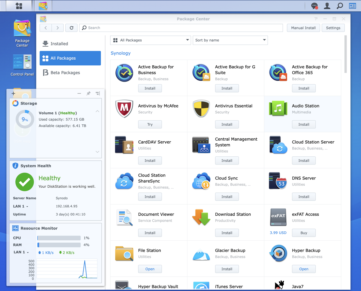 #title# Synology Package Center showing apps and drive health on screen