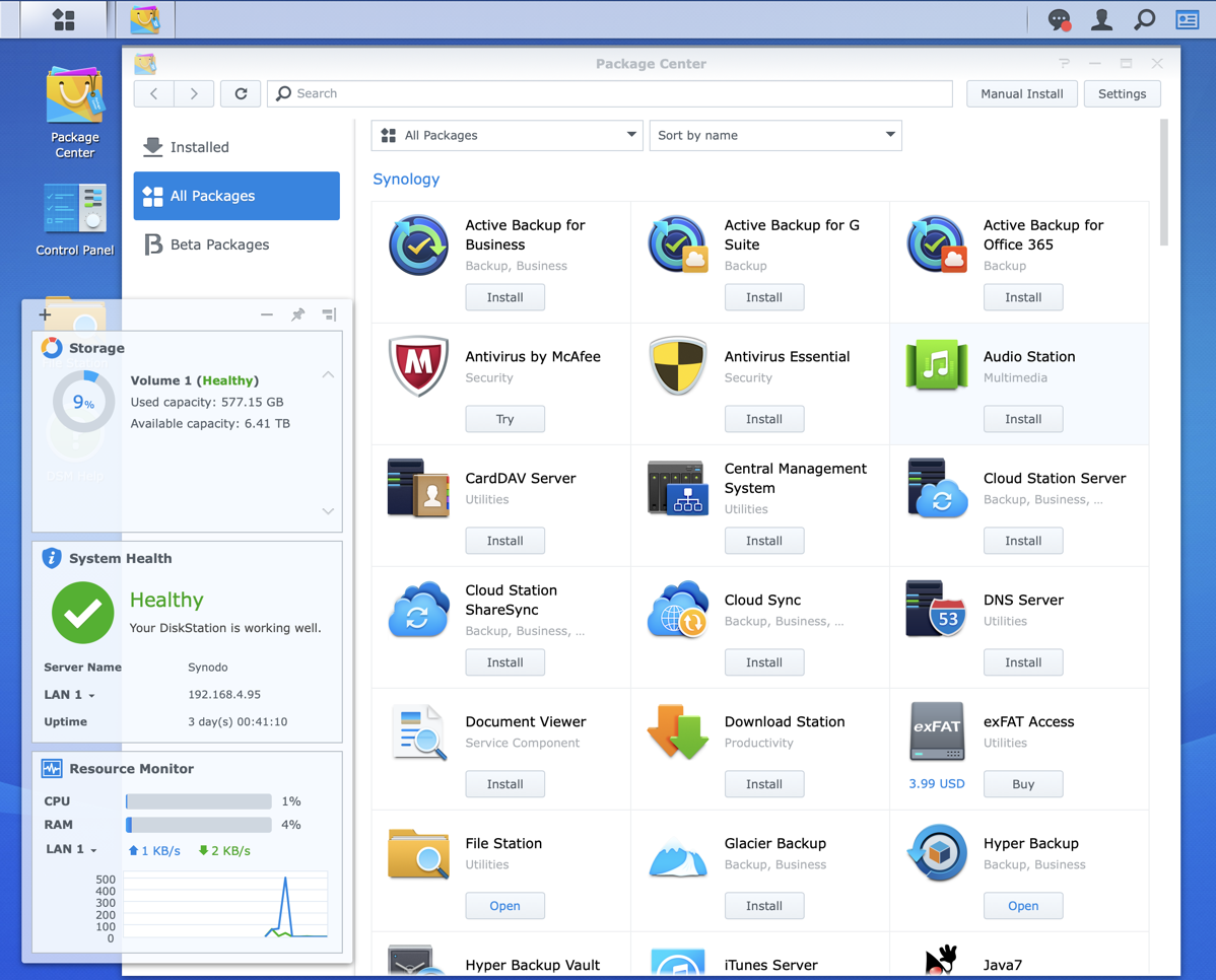 Synology Package Center showing apps and drive health on screen