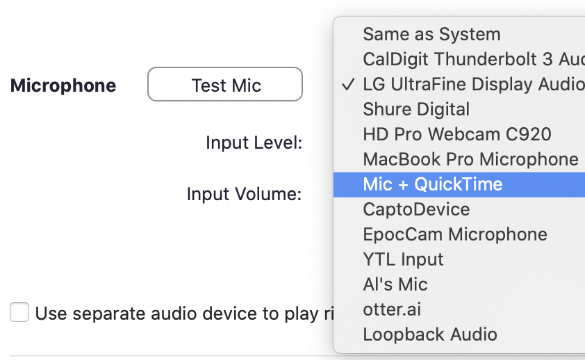 Zoom Choosing Mic + QuickTime