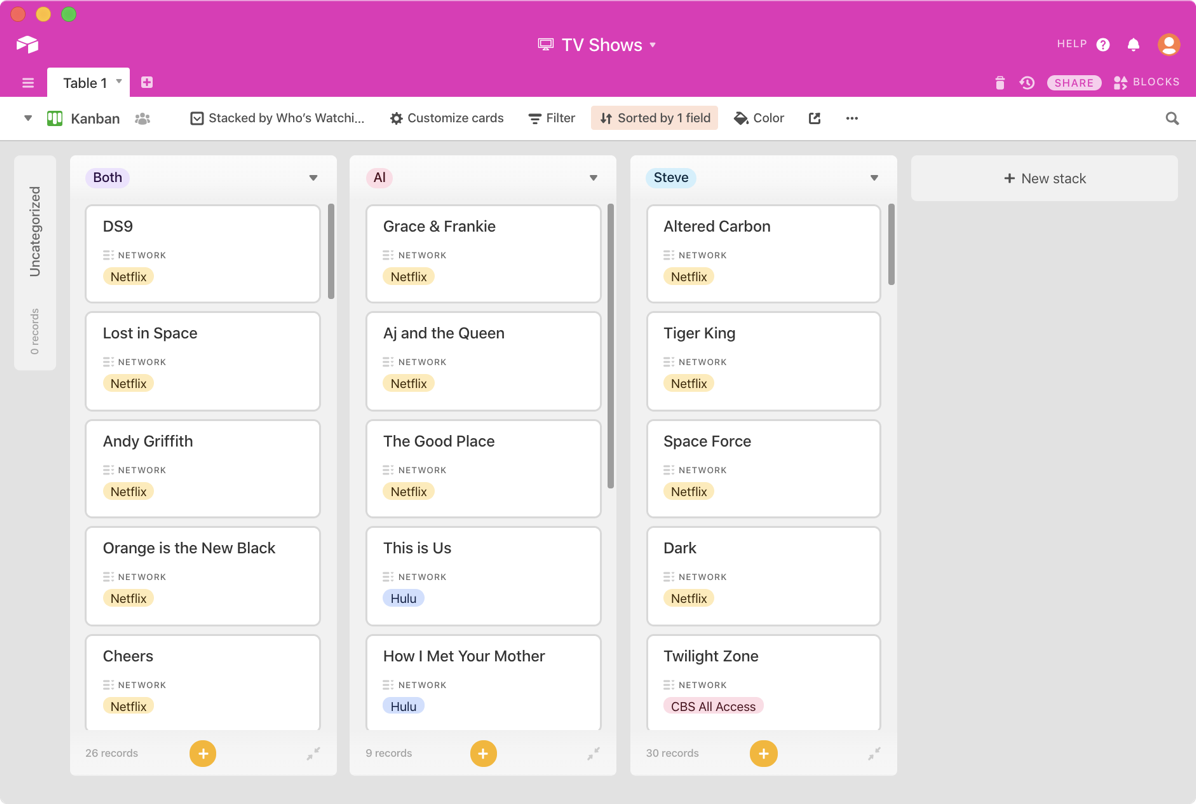Kanban view of TV shows in Airtable