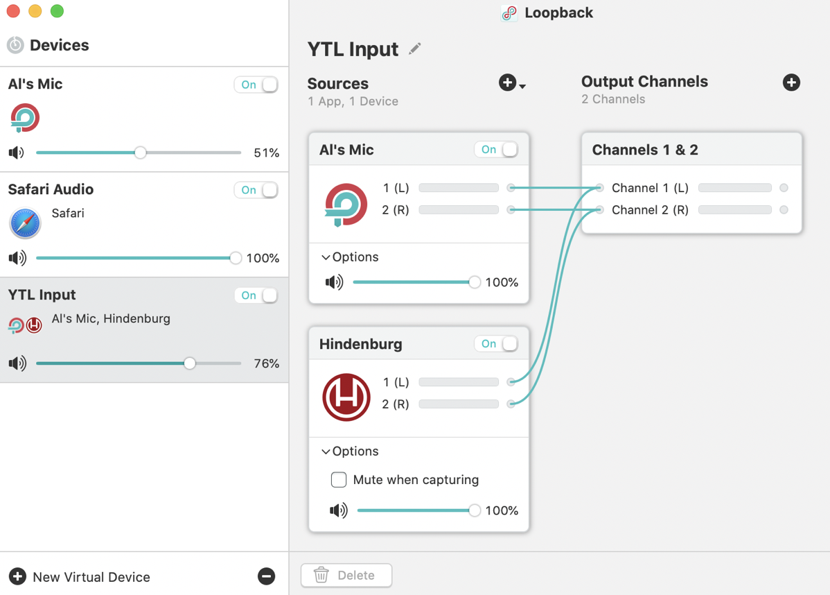 Loopback for Live Show Audio showing my mic and Hindenburg a sources