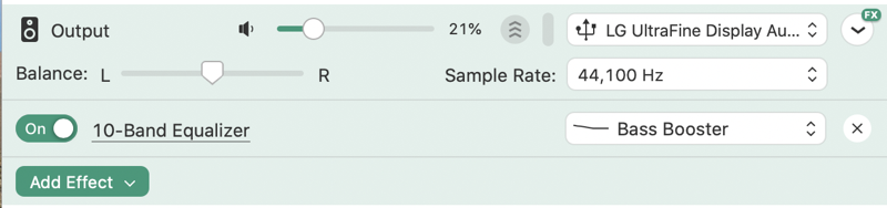 SoundSource output area flipped open showing equalizer and more