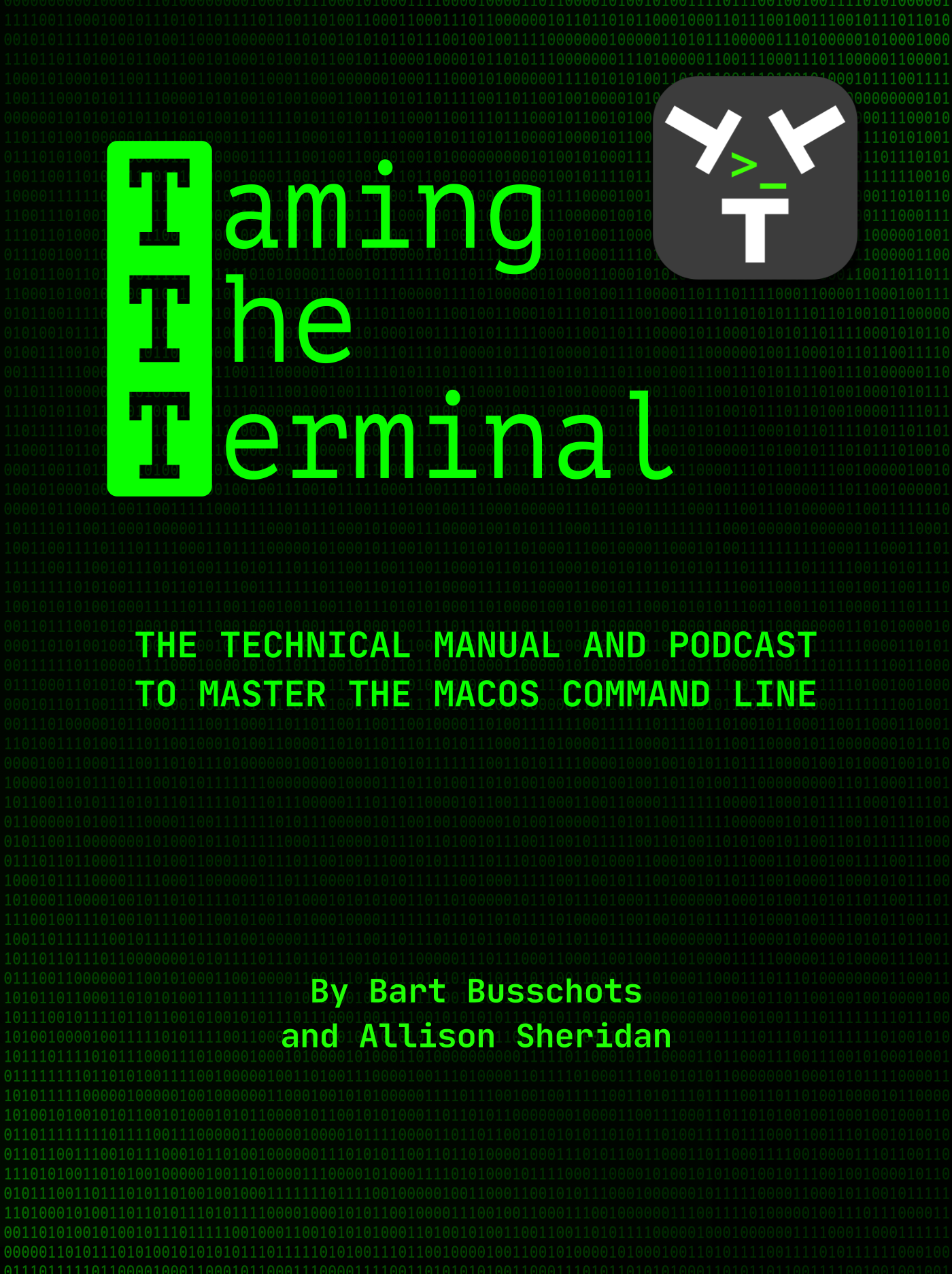 Taming the Terminal Book Cover with green 1s and 0s on black gradient and TTT logo, authors names