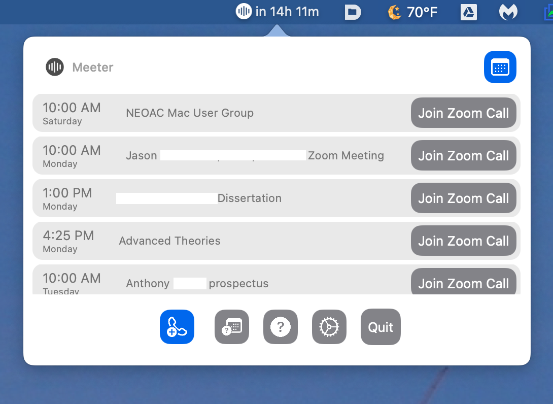 Dropdown showing 5 meetings with Join Zoom Call buttons