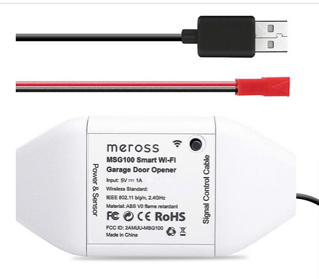 #title# MerossDevice whyite box showing red connection wires and USB-A cable