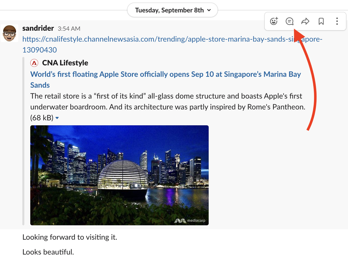 #title# Slack Post Hover Reveals Thread Option