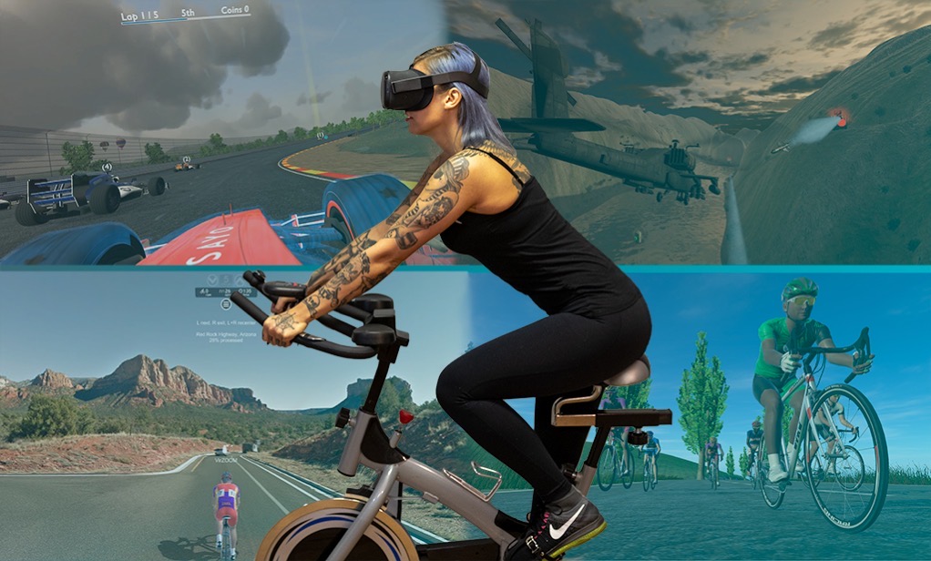 woman on stationary bike wearing headset with 4 scenes bhind her of mountains and other areas