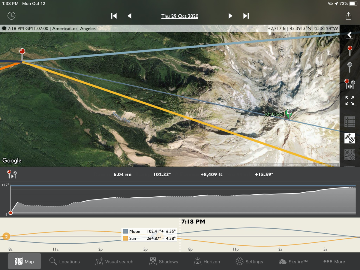 TPE with Google Satellite View Overhead showing Mt. Hood and current location with times for different sun/moon events below