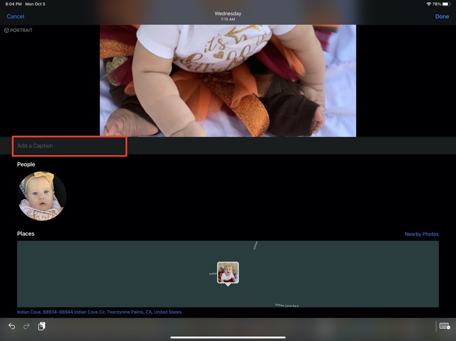Photos iPadOS blank Add a Caption field