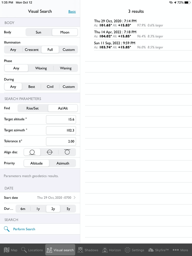 Search Sheet with about 15 filters like phase of the moon and target altitude