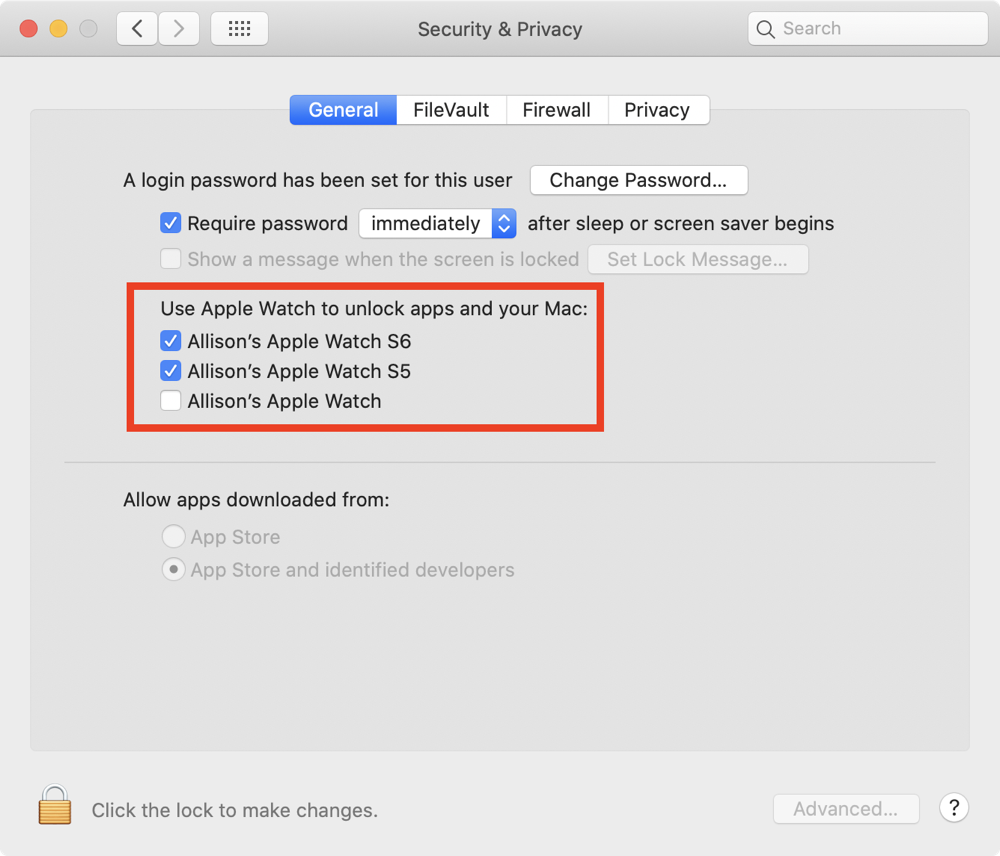 Security & Privacy System Preferences to Unlock with Apple Watch