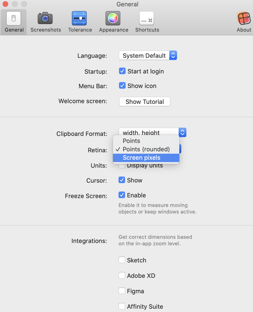 PixelSnap Settings Highligting Retina Options