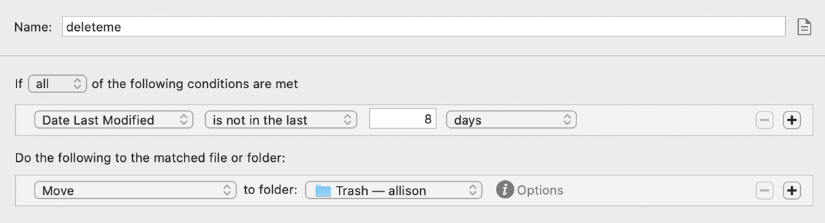 Deleteme rule showing to move files to the trash if unmodified in the last 8 days
