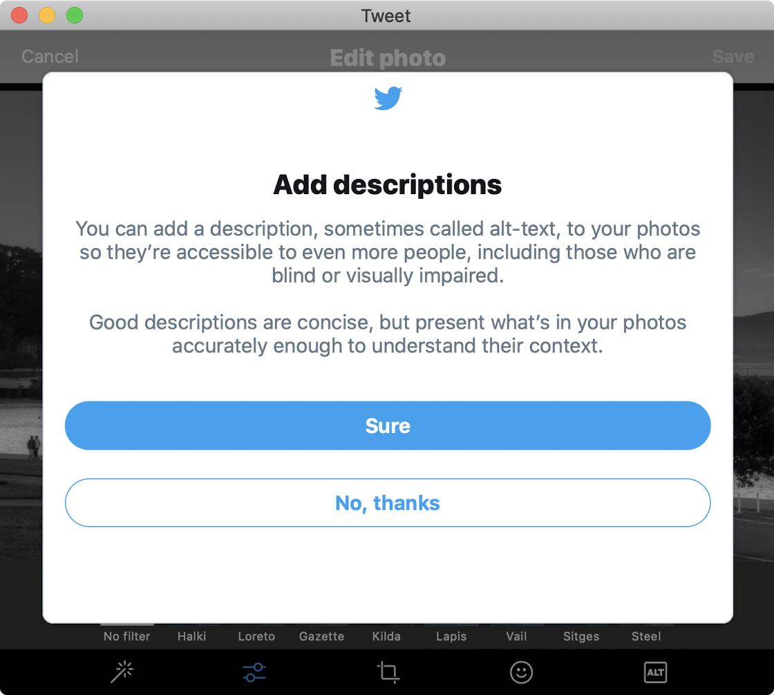 Twitter explains alt tags EVERY time but gives option of saying no