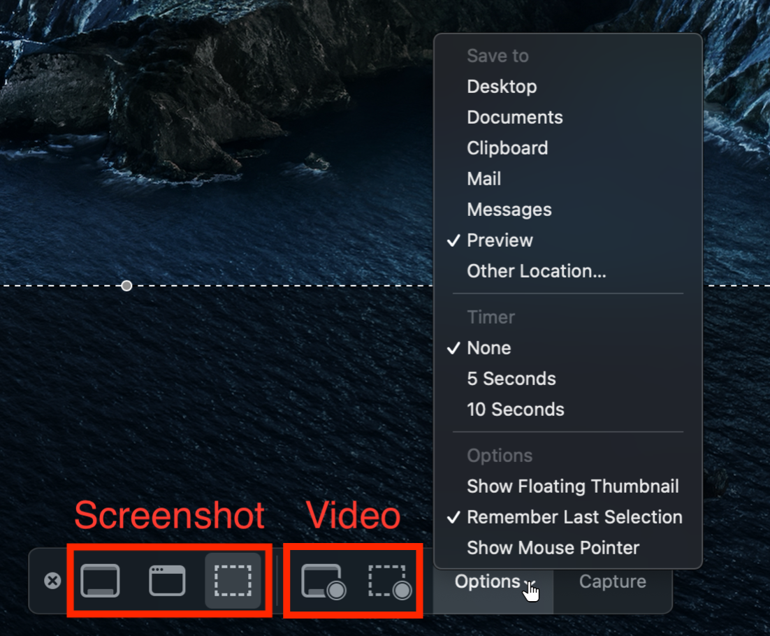 Built in Screenshot Tool Options