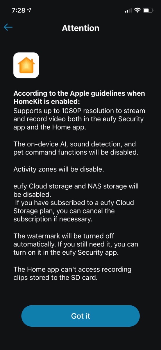 Warning from eufy about what won't work with HomeKit