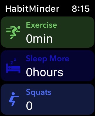 Habit Minder with exercise, sleep and squats listed