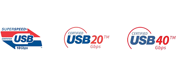 Logos for SuperSpeed USB, USB4 20 Gbps, and USB4 40 Gbps