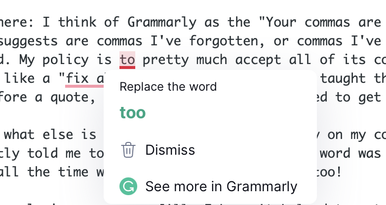 #title# Grammarly suggesting too instead of to