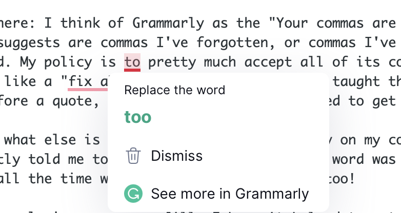 Grammarly suggesting too instead of to