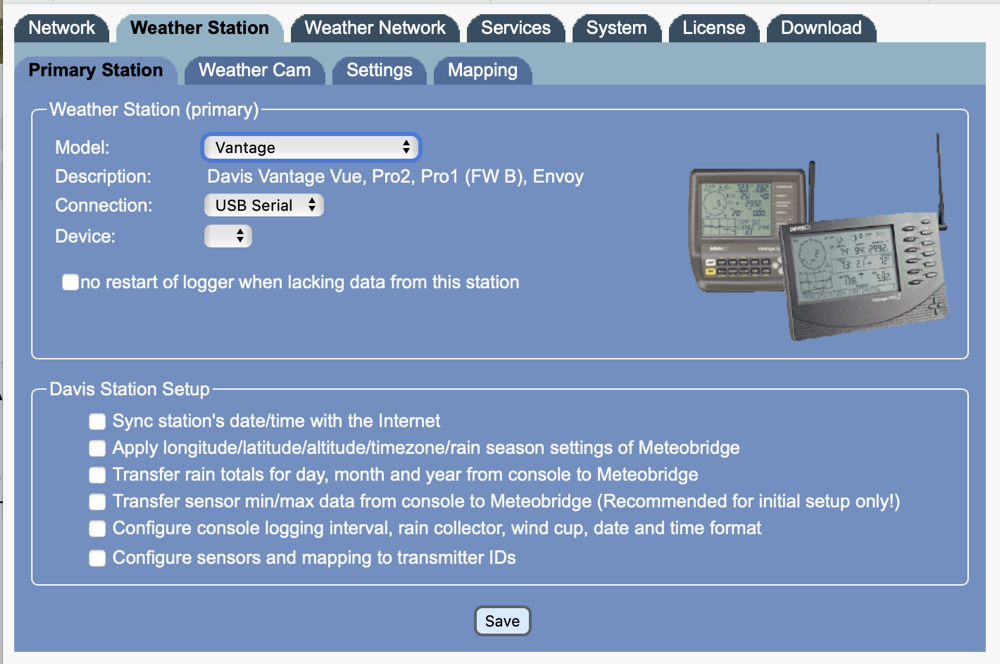 Meteobridge Showing Davis Vantage Vue Display