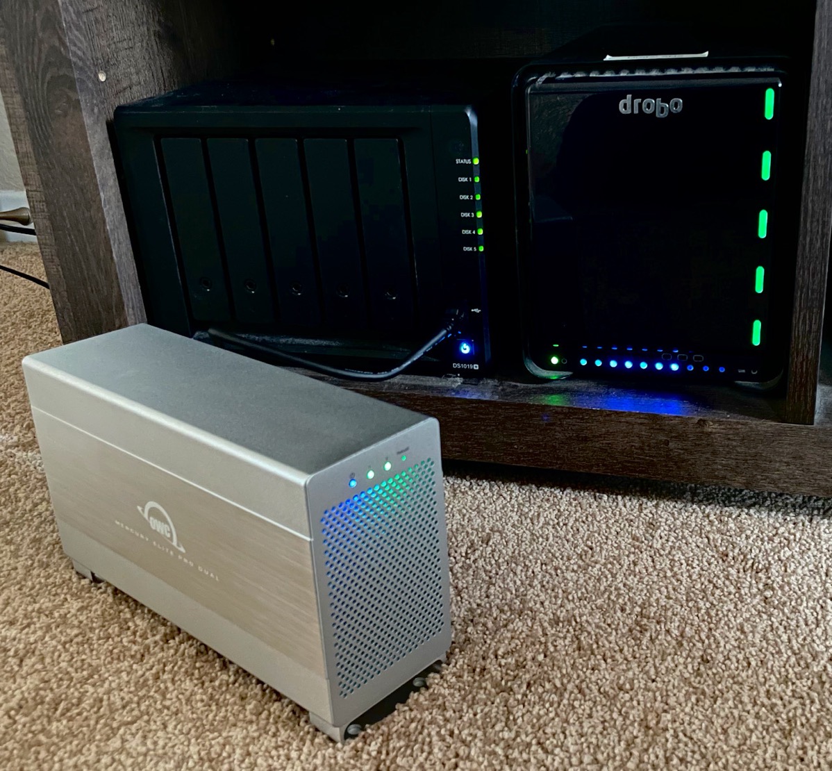 OWC RAID Enclosure Next to Synology & Drobo