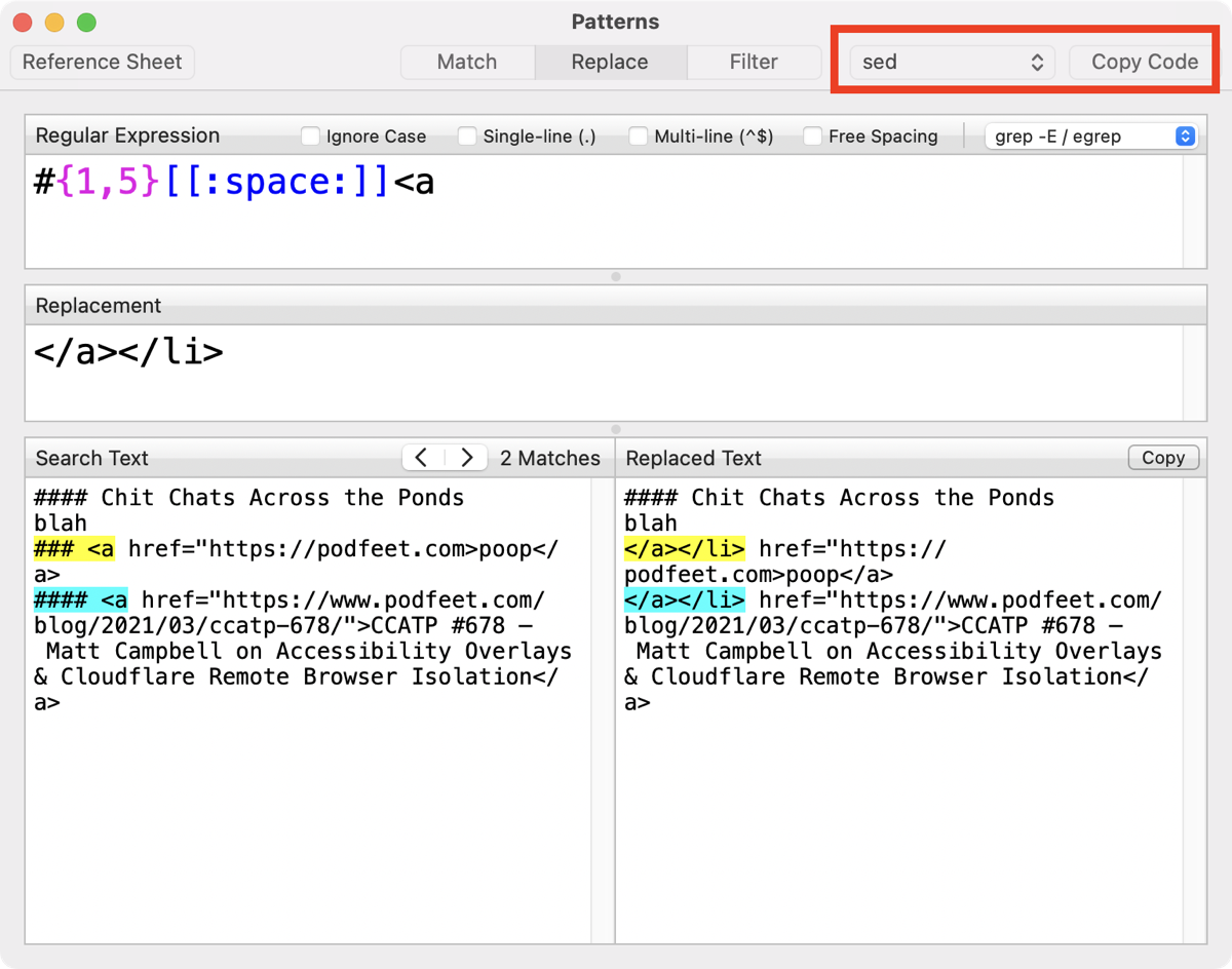 Patterns App Finding a Match and Substituting with sed