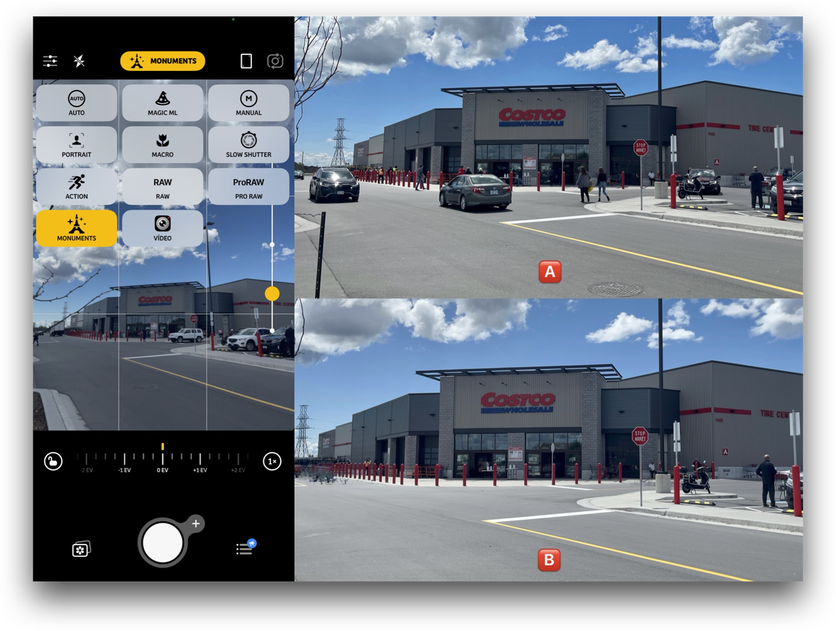 #title# Camera+ 2 monument mode showing controls on the left with before and after shot above and below on the right