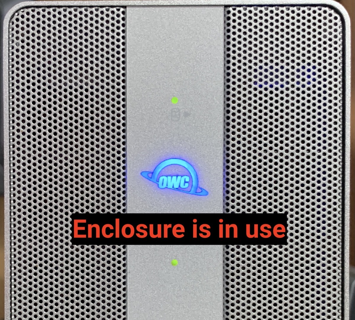 OWC logo in blue Indicating enclosure is in use