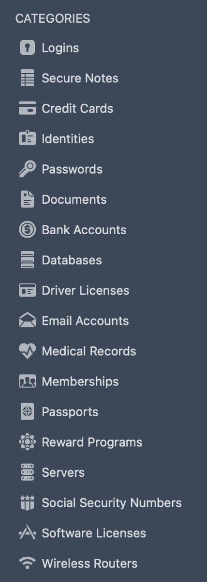 1Password Categories