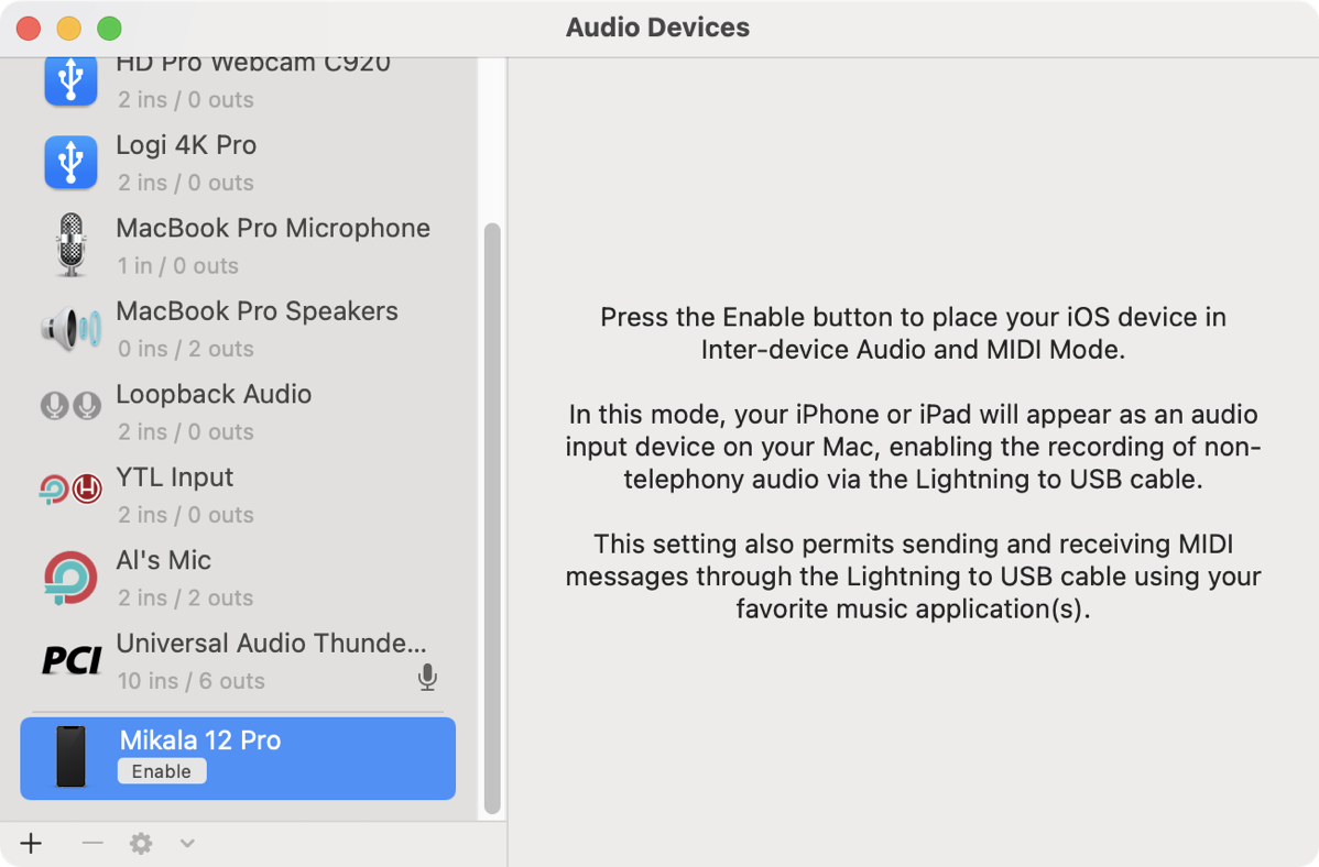 Audio MIDI Setup Showing My Phone with Enable