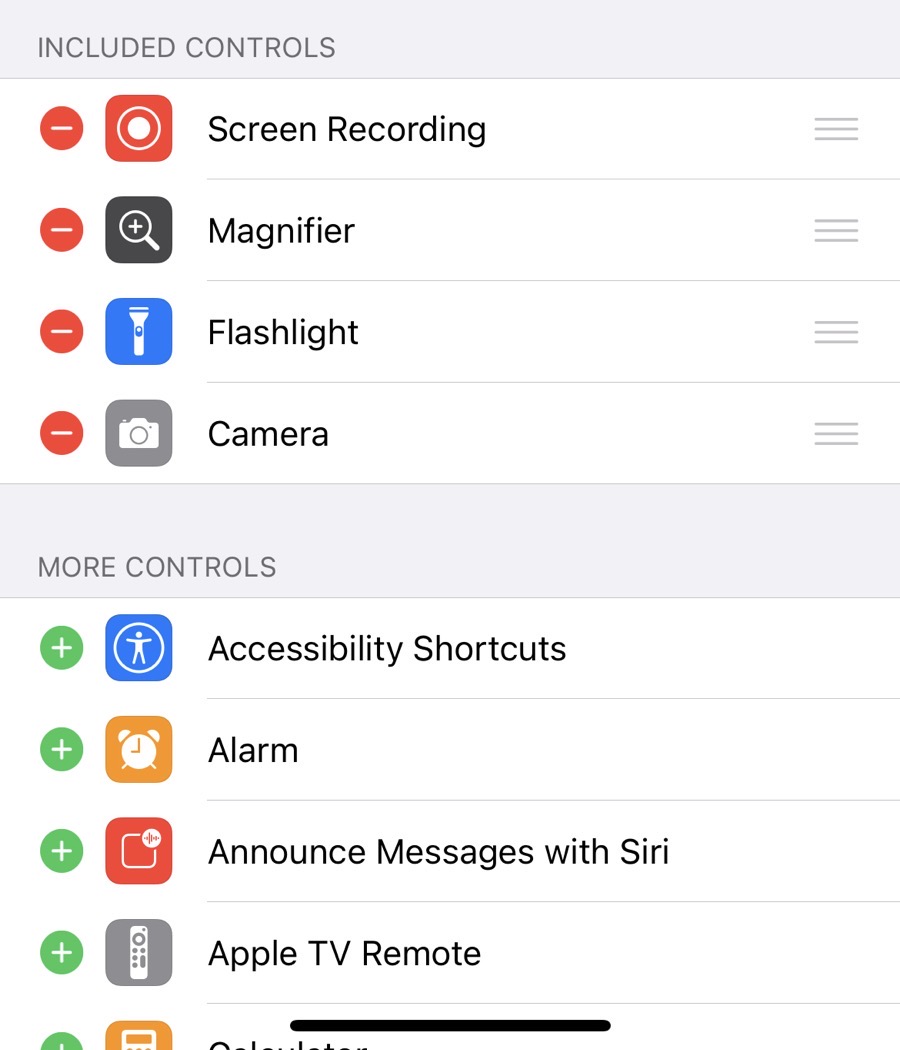 Control Center in Settings