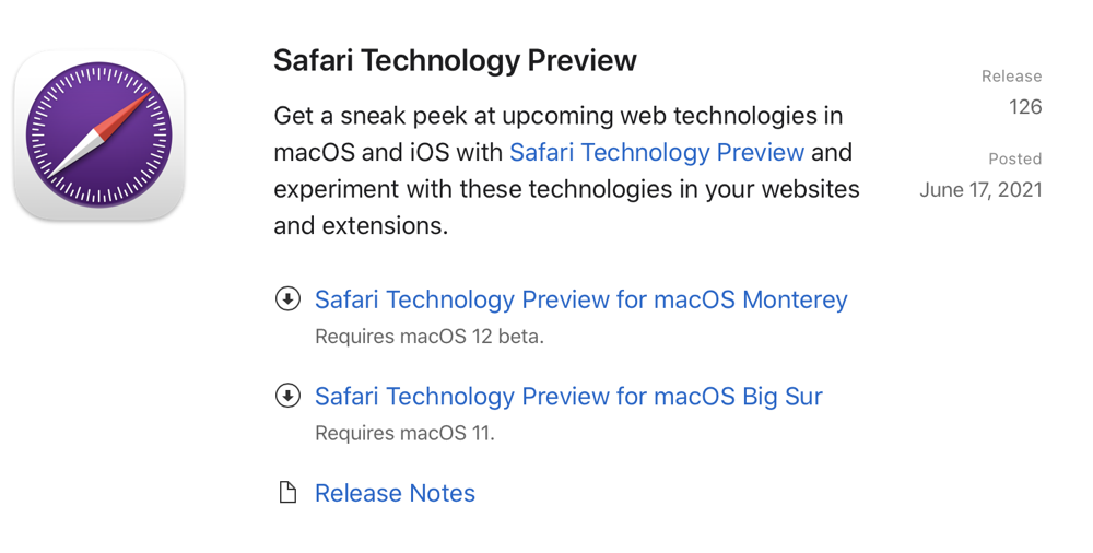 Safari Technology Preview Download screen