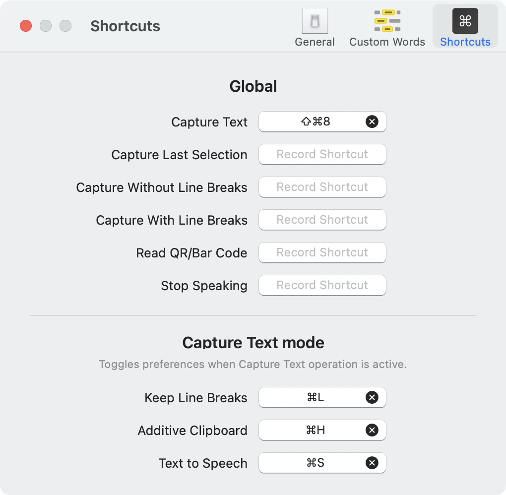 TextSniper Preferences Shortcuts