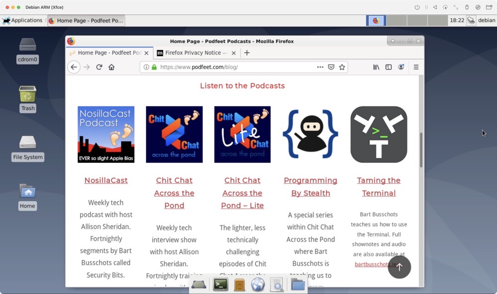 Debian successfully launched showign podfeet.com in Firefox