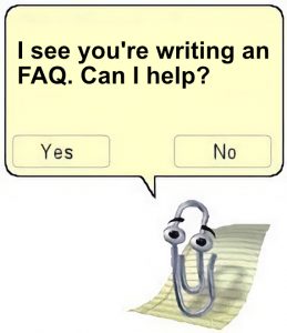 Microsoft Clippy character with message about FAQ