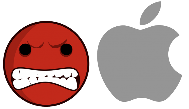 Angry red face next to Apple Logo