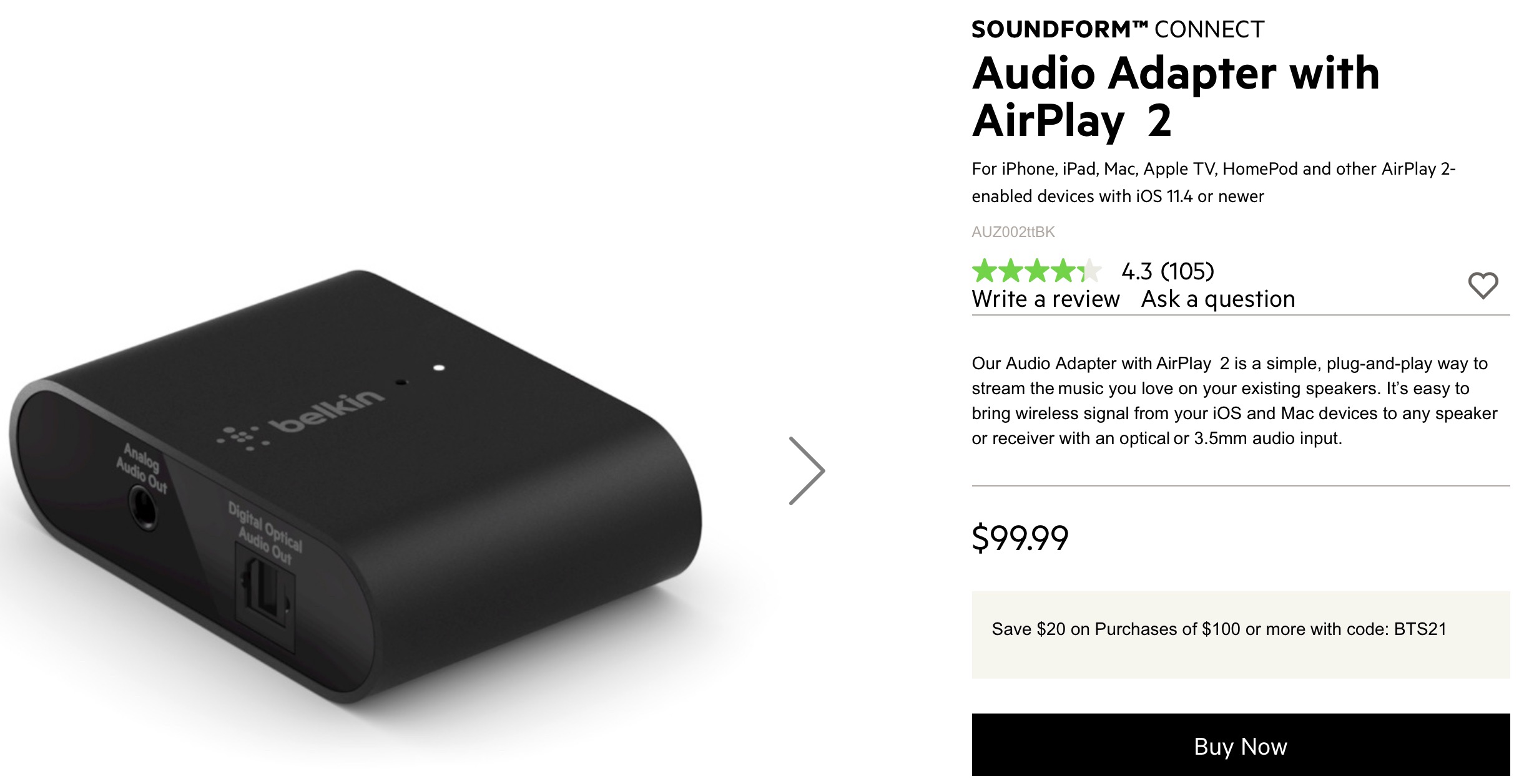 Belkin Audio Adapter with AirPlay 2 - Headphone