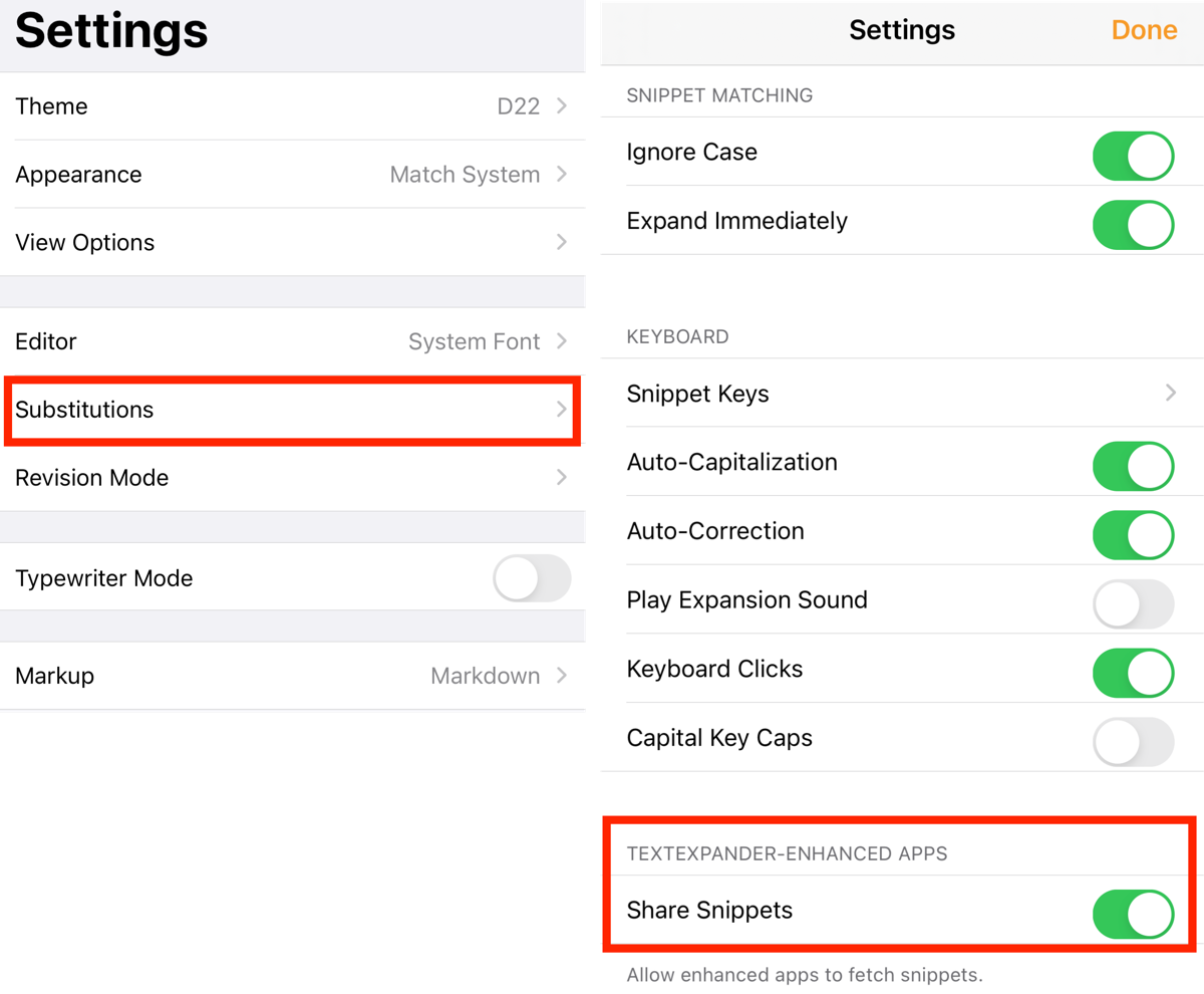 Editor Settings → Substitutions → Toggle on Share Snippets