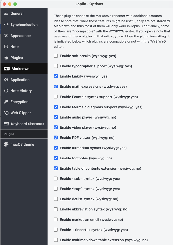 Joplin Markdown Plugin Options