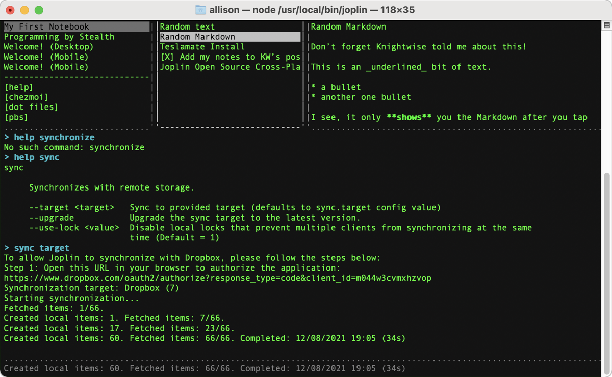Joplin in Terminal on macOS