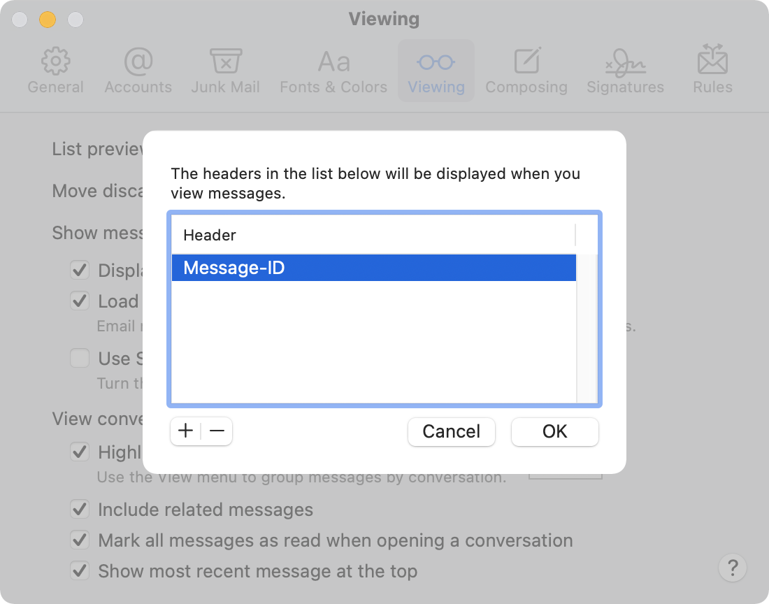 Mail Preferences Add Message ID