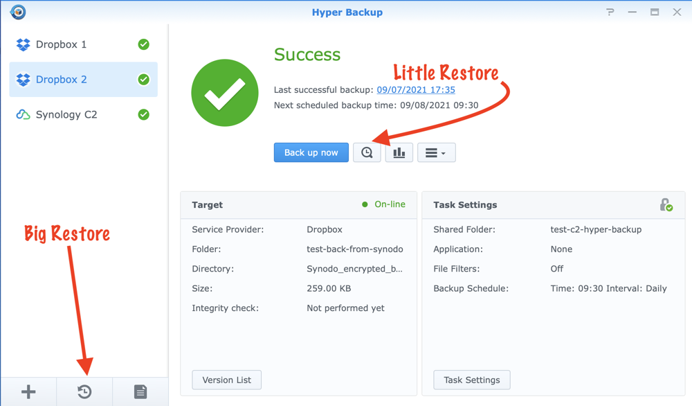 Hyper Backup Big and Little Restore