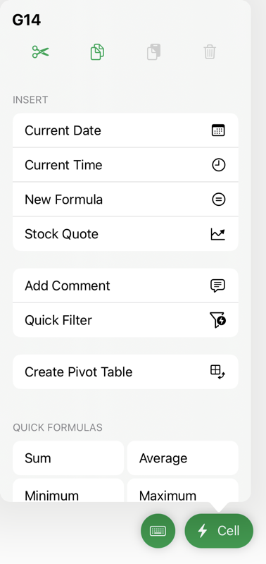 IOS Cell Create Pivot Table Menu