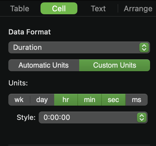 Format Duration Options Showing Colon Separated Values