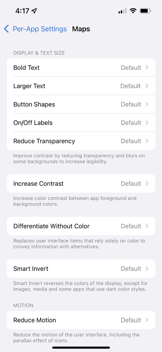 Per-App Accessibility Settings Showing Maps